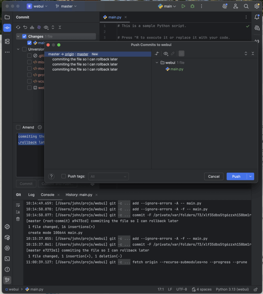 Pycharm will push to the server
